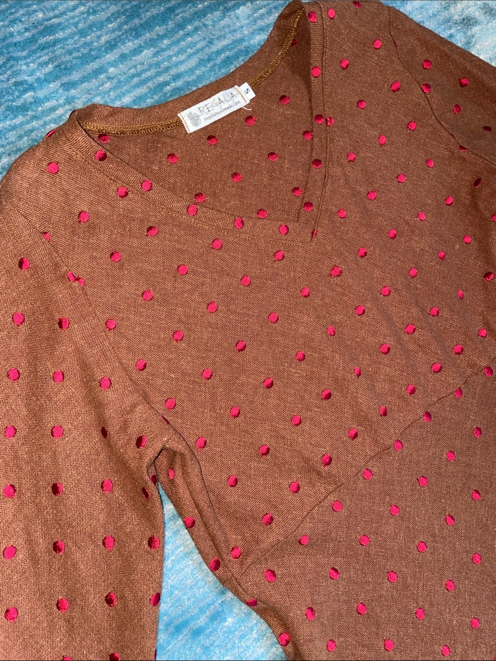 Like New Regalia Handmade Boutique Brown Linen Dress with Red Dots  Sz Small